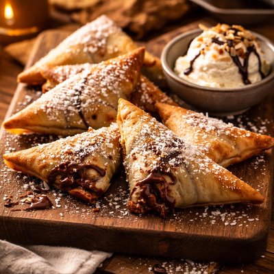 Image of Chocolate Coconut Filo Triangles with Vanilla Ice Cream