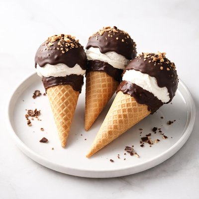 Image of Conos de helado veganos bañados en chocolate.
