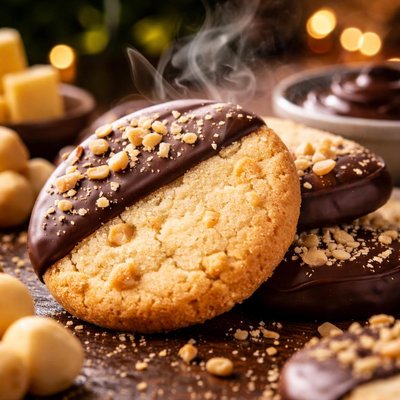 Image of Chocolate Dipped Macadamia Shortbread Cookies