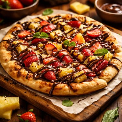 Image of Chocolate Drizzled Pineapple Strawberry Pizza