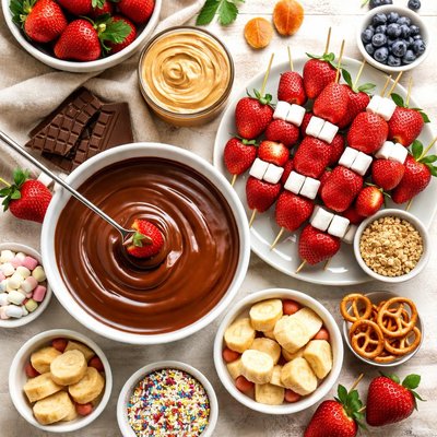 Image of Chocolate Fondue with Fresh Strawberry Skewers Peanut Butter an