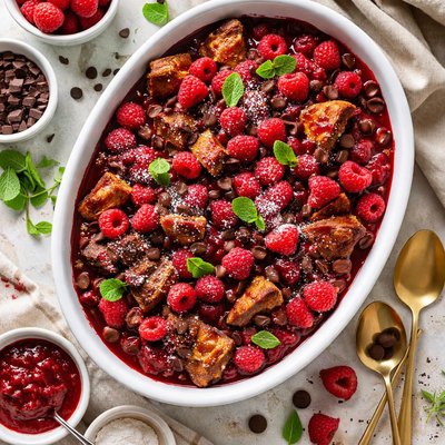 Image of Chocolate Raspberry Bread Pudding with Raspberry Sauce