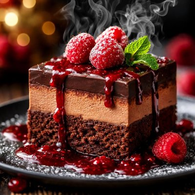 Image of Chocolate Raspberry Mousse Truffle Cake Raspberry Cassis Sauce