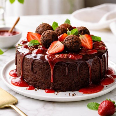 Image of Chocolate Truffle Cake with Strawberry Sauce