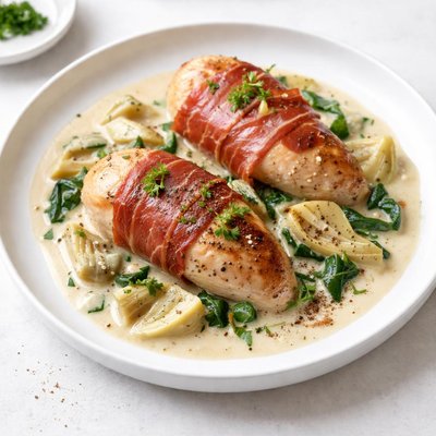 Image of Chops or Chicken with Prosciutto and Artichoke in Cream Sauce