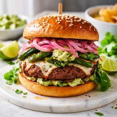Image of Chorizo Chile Burger with Pickled Onions and Poblano Avocado Spr