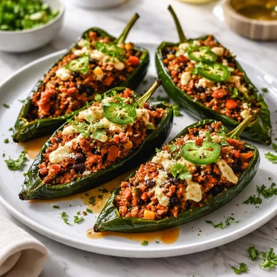 Image of Chorizo Quinoa Stuffed Poblano Peppers with Adobo Chile T