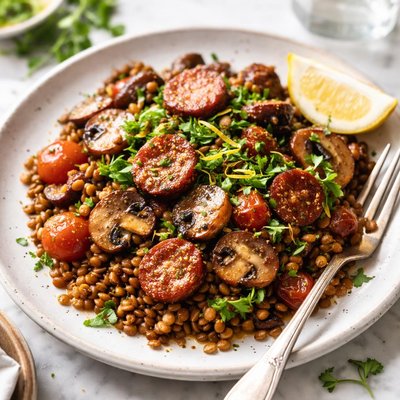 Image of Chorizo Sausage Mushrooms and Lentils