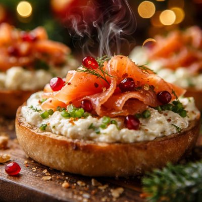 Image of Christmas Bagel Bites with Leek Spread and Smoked Salmon