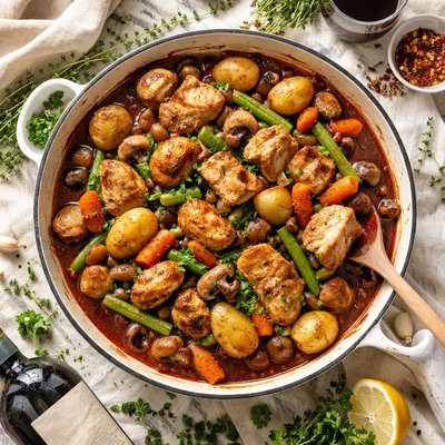 Image of Chunky Turkey Potatoes and Veggies in Red Wine Sauce