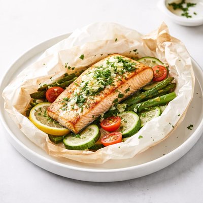 Image of Cilantro Butter Salmon and Vegetables in Parchment