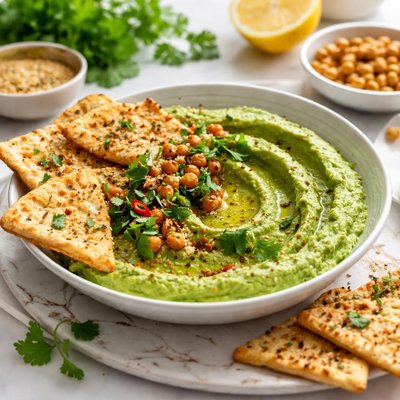 Image of Cilantro Hummus with Crispy Garlic Pita