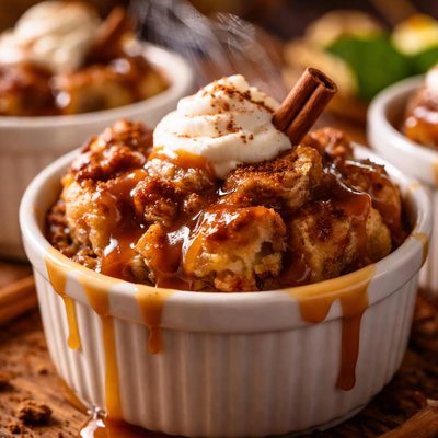 Image of Cinnamon Bread Puddings with Caramel Syrup