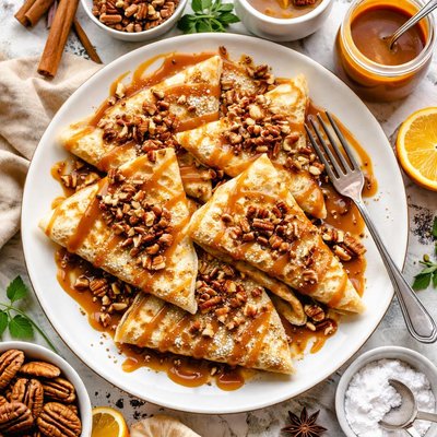 Image of Cinnamon Crepes with Caramel Sauce and Pecans
