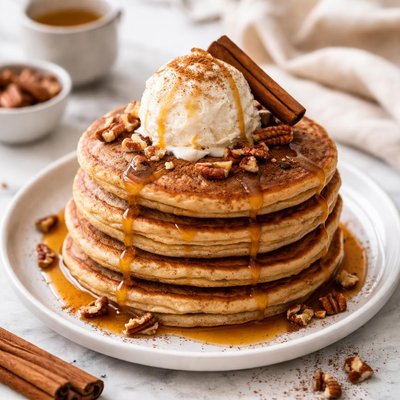 Image of Cinnamon Pancakes with Ice Cream and Maple Syrup