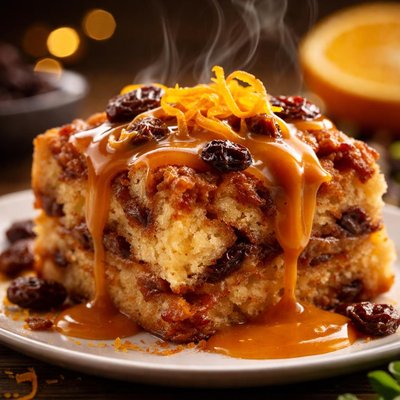 Image of Cinnamon Raisin Bread Pudding with Orange Butterscotch Sauce