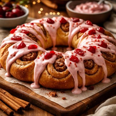 Image of Cinnamon Roll Tea Ring with Cherry Frosting