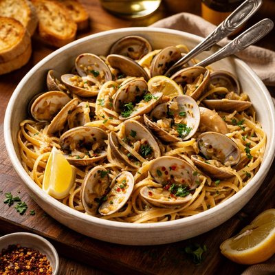 Image of Clams and Pasta in White Wine Sauce