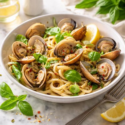 Image of Clams in Basil Garlic Pasta