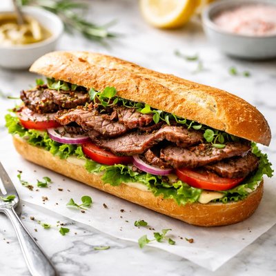 Image of Bocadillo clásico de baguette vegetariano con carne de res asada con hierbas.