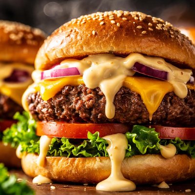 Image of Classic Beef Burgers with Cheese Sauce