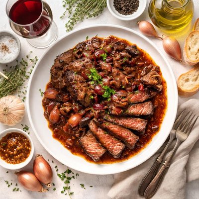 Image of Classic Entrecote Bordelaise Steak in Red Wine with Shallots