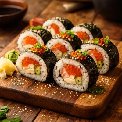 Image of Clásico rollo de sushi de pescado y huevas de la dieta mediterránea.