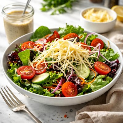 Image of Classic Garden Salad with Shredded Cheese and Homemade Dressing