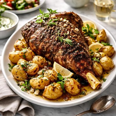 Image of Classic Greek Roasted Leg of Lamb with Lemon Garlic Potatoes