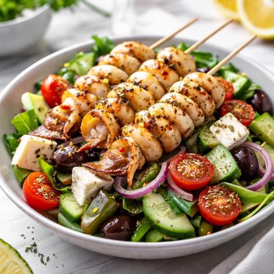 Image of Classic Greek Salad Topped with Grilled Calamari Skewers