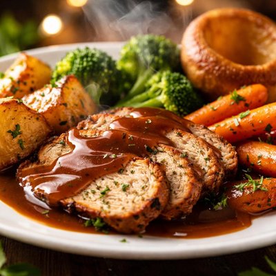 Image of Classic Sunday Roast with Vegetables and Gravy