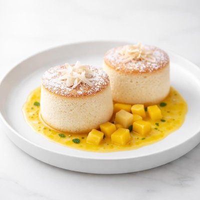Image of Coconut and White Chocolate Souffles with Mango Rum Sauce