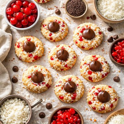 Image of Coconut Cherry Chocolate Kiss Cookies