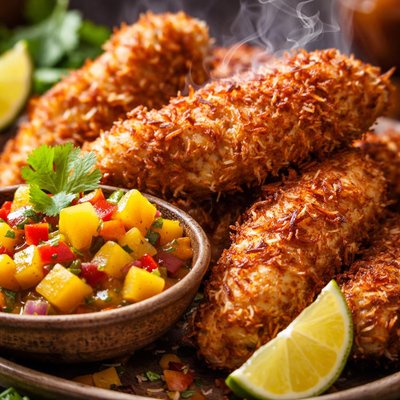 Image of Coconut Chicken Fingers with Mango Rum Salsa