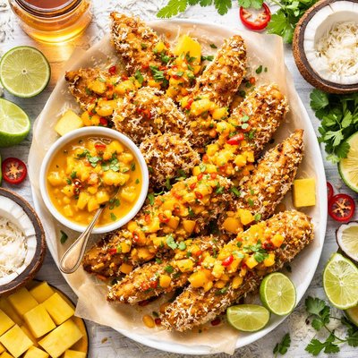 Image of Coconut Chicken with a Tropical Mango Rum Sauce