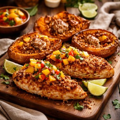 Image of Coconut Chicken with Mango Salsa Cinnamon Butter Sweet Potatoes