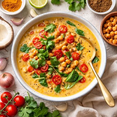 Image of Coconut Chickpea Soup with Tomato Chunks and Fried Cumin