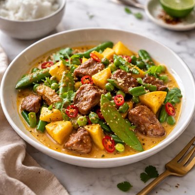 Image of Coconut Curried Pork Snow Pea and Mango Stir Fry