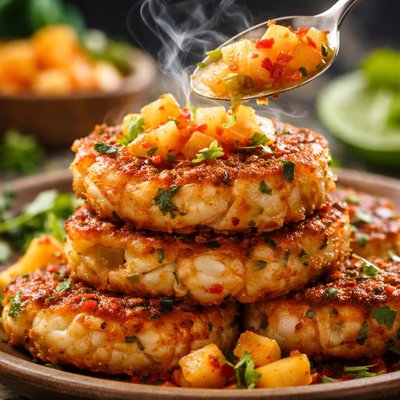 Image of Coconut Curry Shrimp Cakes W Papaya Lime Sauce