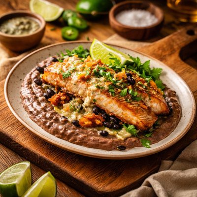 Image of Coconut Jalapeno Red Snapper with Banana Black Bean Puree