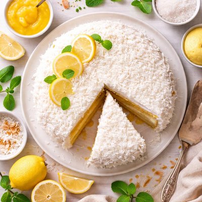 Image of Coconut Layer Cake with Lemon Filling and Marshmallow Like Frost