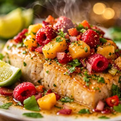 Image of Coconut Lime Fish with a Paw Paw and Raspberry Salsa