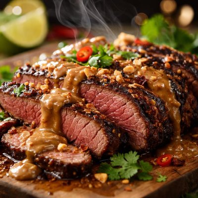 Image of Coconut Peanut Sauce Sliced Steak London Broil