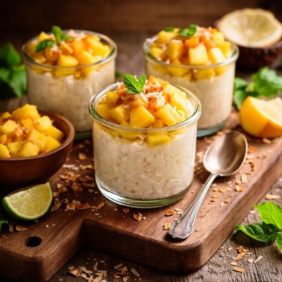 Image of Coconut Rice Pudding Parfaits with Fresh Mango and Pineapple