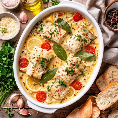 Image of Cod Baked with Cream and Bay Leaves