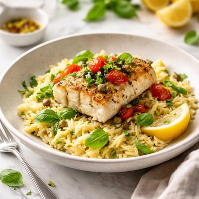 Image of Cod Over Lemon Basil Orzo