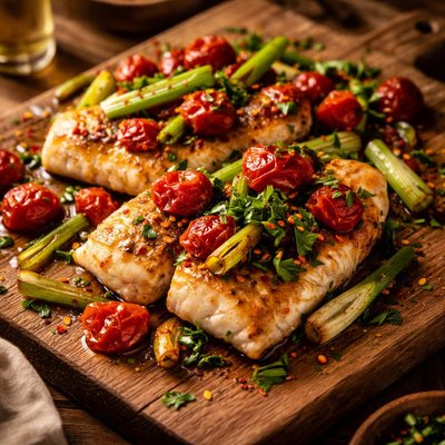 Image of Cod with Cherry Tomatoes and Spring Onions
