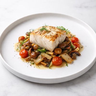 Image of Cod with Fennel Mushrooms Tomato Dill