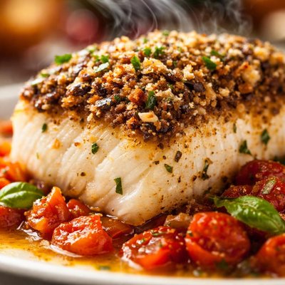 Image of Cod with Mushroom Herb Crust Tomato Compote