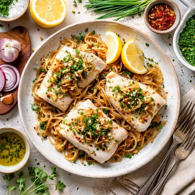 Image of Cod with Onions and Chives Kabeljau Mit Schnittlauch Zwiebeln